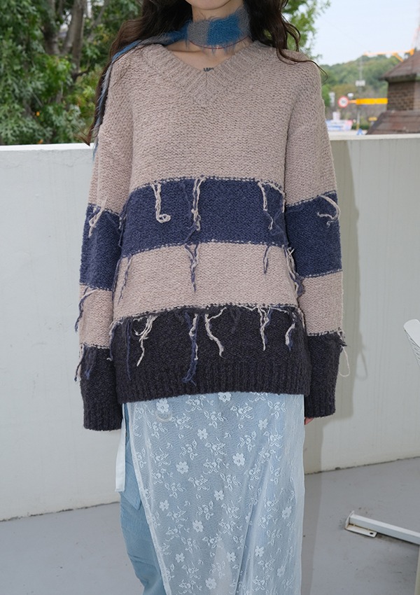 stripe fringe knit (3color)